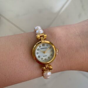NEW PERSONA WOMEN REAL FRESH WATER PEARL WATCH GOLD Mother Of Pearl Face